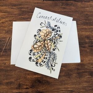 🌻5/$20 Handmade Congratulations Floral Zentangle Card-Orange,Yellow & Black